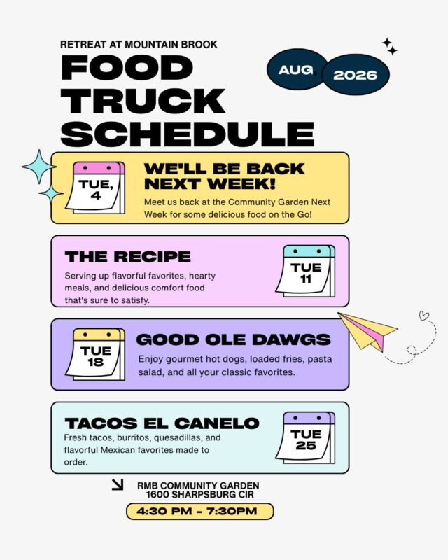 🌮🚚 Food Truck Tuesday Lineup is Here! 🍔🌭

Come hungry because we've got some delicious local favorites rolling into the Retreat at Mountain Brook over the next few weeks! Check out our upcoming Food Truck Tuesday schedule and start planning your Tuesday dinners.

✨ This month's lineup features:
🍽️ The Recipe
🌭 Good Ole Dawgs
🌮 Tacos El Canelo

📍 All food trucks will be located in front of the Community Garden from 4:30 PM – 7:30 PM unless otherwise noted.

👉Save this post so you don't miss your favorite vendor! We can't wait to see everyone out enjoying great food and great company.

#RetreatAtMountainBrook #FoodTruckTuesday #CommunityLiving #ResidentEvents #SupportLocal #ApartmentLiving #LifeAtTheRetreat #FoodTruckLife #BirminghamEats #CommunityVibes