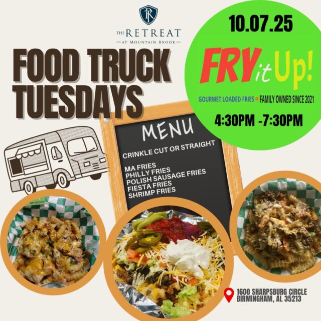 🍟 Food Truck Tuesday Reminder! 🍟
Don’t forget — our weekly food truck is rolling in TOMORROW (Tuesday, 10/7)!

This week, we’re excited to welcome Fry it Up — serving up gourmet loaded fries like Philly Fries and Fiesta Style Fries that you won’t want to miss!

📍 Find them in front of the Community Garden
🕓 Stop by and grab a bite!

Come hungry, leave happy! 😋
RMB Foodie friends, Dont forget to snap a photo of your food and tag us to show our weekly vendors some love!

#RMBFTT #Foodie #foodtrucktuesday #FryItUp #LoadedFries #PhillyFries #BirminghamAL #MountainBrookAL #Irondale
