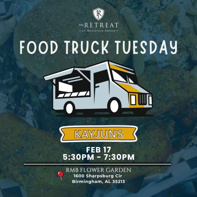 🌮🔥 Food Truck Tuesday is HERE! 🔥🌮

Residents & friends — come out and grab dinner with us tonight!

Today’s featured vendor is Kayjun's 🙌🏽🍗🌶️
They’ll be pulling in from 5:30 PM – 7:30 PM right here at The Retreat at Mountain Brook!

No cooking, no dishes — just good food and good vibes. Bring your appetite and come hang out! 😋✨

#FoodTruckTuesday #Kayjuns #RetreatAtMountainBrook #CommunityVibes #DinnerMadeEasy #SupportLocal