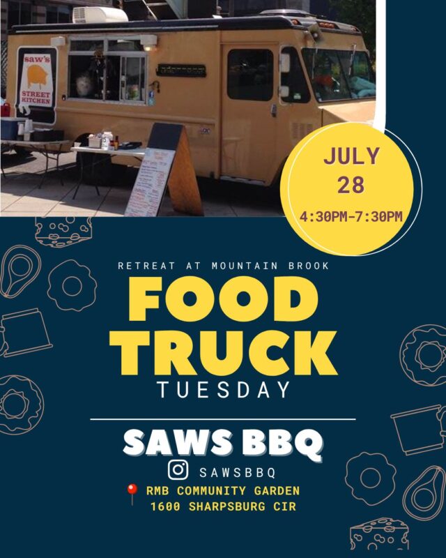 🔥🍖 A Resident Favorite is BACK! 🍖🔥

Saw's BBQ is rolling back into Retreat at Mountain Brook for this week's Food Truck Tuesday, and they're bringing all the smoky goodness with them!

📅 TODAY - 7/28
🕟 4:30 PM – 7:30 PM
📍 RMB Flower Garden

Come hungry for delicious smoked turkey, pulled pork, burgers, fish sandwiches, and more! Skip the cooking and treat yourself to one of Birmingham's favorite BBQ spots.

📸 Don't forget to snap a picture of your meal and tag us on social media—we love seeing your Food Truck Tuesday favorites!

See y'all there! 🤠🍽️

#FoodTruckTuesday #LiveatRetreat #ApartmentLiving #ResidentEvents #CommunityBuilding #ILoveIrondale