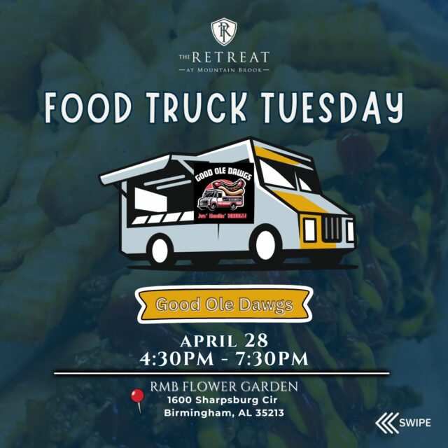 Hey RMB Family and Friends! It's that time again! Food Truck Tuesday featuring Good Ole Dawgs! Stop by in front of the community garden between 4:30PM - 7:30PM for some delicious hot dog and fry combos.

#FTT #FoodTruck #ResidenetEvent #Community #RetreatatMountainBrook #LiveattheRetreat