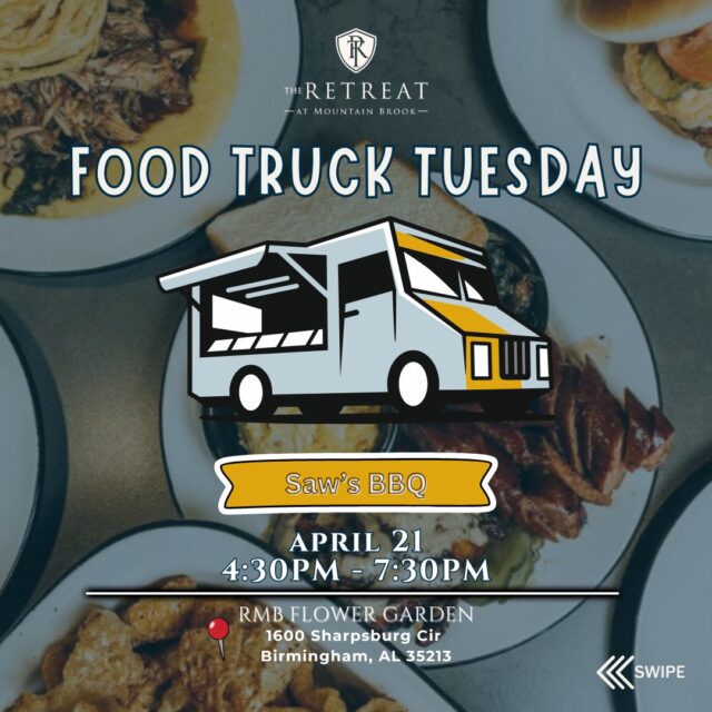 RMB Residents & Friends! Guess who's back again for Food Truck Tuesday! None other than Kitchen! Meet us in front of the RMB community Garden today from 4:30 PM - 7:30 for some delicious BBQ!

#FoodTruckTuesday #FTT #Community #LiveatRetreat # MountainBrook #ResidentEvents