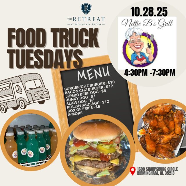 Join us this Tuesday, October 28th, as we welcome Nettie B’s Grill to The Retreat at Mountain Brook for the first time! 🎉
They’ll be serving up juicy burgers, polish sausages, cheesy cajun fries, and delicious wing combos you won’t want to miss. 🤤
📍 Pulling up in front of the community garden
🕓 4:30 PM – 7:00 PM
Come hungry and show some love to our newest food truck family member! ❤️
#FoodTruckTuesday #RMBFTT #Foodie #CommunityEvent #PropertyManagement #ResidentEvents #FoodTruck