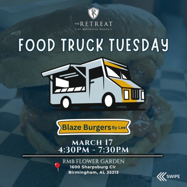 Blaze’ Burgers is rolling back in for Food Truck Tuesday event today from 4:30 PM – 7:30 PM serving up those fan-favorite burger combos you’ve been craving 😋

Don’t miss out—come grab a bite, hang out, and enjoy some seriously good eats right here at the community!
📸 Be sure to snap a pic of your meal and tag us on social media!

#FoodTruckTuesday #BlazeBurgersbyLee #CommunityLiving #LiveatRetreat #RMBFTT