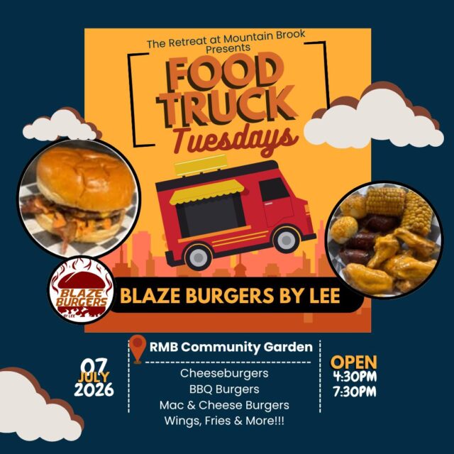 Guess who's back for Food Truck Tuesday!!! Blaze’ Burgers will be pulling in to the Retreat at 4:30PM - 7:30! Meet Lee & his crew out front of the 📍RMB Community Garden for some delicious Burger, Wings and Fry Combos 🍔🍟🍗 See you soon!