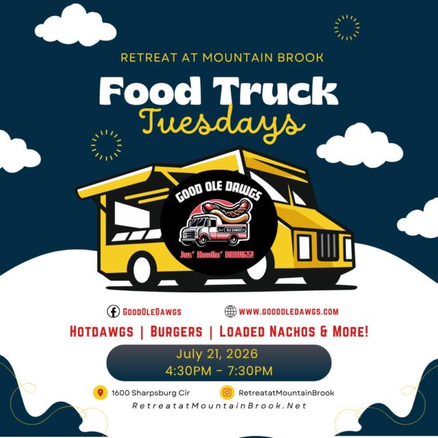🌭🚚 They're Haulin' Dawgs our way! 🚚🌭

Good Ole Dawgs is rolling into Retreat at Mountain Brook for this week's Food Truck Tuesday!

📍 RMB Flower Garden
🕟 4:30 PM – 7:30 PM

Come hungry and enjoy loaded hot dogs, crispy fries, delicious combos, and more! Skip the cooking and let Good Ole Dawgs take care of dinner tonight.

🎉 While you're here, don't forget to stop by the front office and enter our Resident Giveaway! Entry ballots are available now through July 30 for your chance to win a beautiful 6QT Digital Air Fryer. One entry per resident.

📸 Grab your favorite meal, snap a picture, and tag us on social media. We can't wait to see you there!