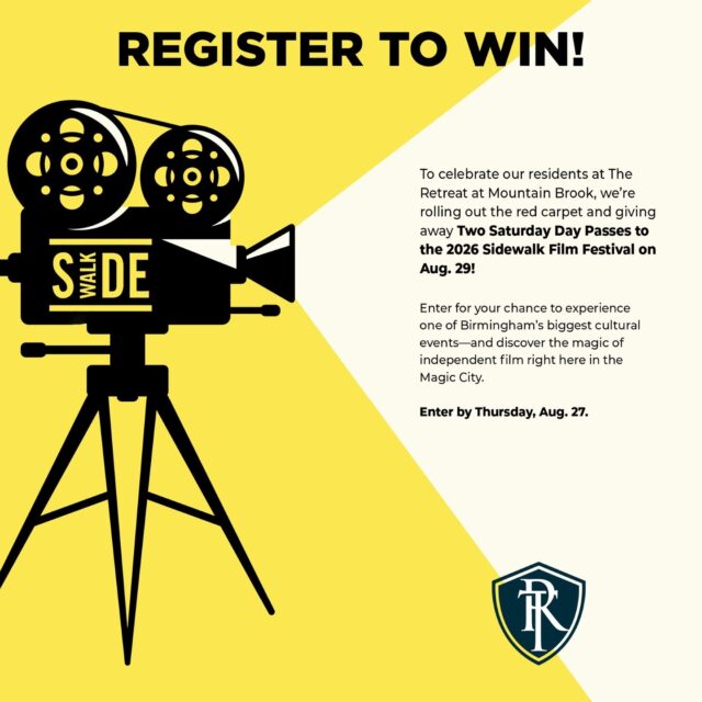 🎬🍿 Calling All Movie Lovers! 🍿🎬

We’re rolling out the red carpet for our residents! The Retreat at Mountain Brook is giving away TWO Saturday Day Passes to the 28th Annual Sidewalk Film Festival happening August 24–30 in Downtown Birmingham! 🎥✨

The Sidewalk Film Festival is one of Birmingham’s biggest celebrations of independent film, featuring 200+ films, filmmaker Q&As, panels, workshops, networking events, and parties throughout the festival.

🎟️ Want to win?
Entering is easy! Visit our website and submit your entry by Thursday, August 27:

👉 retreatatmountainbrook.net/sidewalk-filmfest/

Good luck, and a big thank you to @SidewalkFilm for bringing incredible independent cinema to the Magic City! 🎞️🖤

#RetreatAtMountainBrook #SidewalkFilmFestival #SidewalkFilm #BirminghamAL #BirminghamEvents #MagicCity #IndependentFilm #FilmFestival #ResidentGiveaway #ResidentPerks #LifeAtTheRetreat #BirminghamEvents #Giveaway