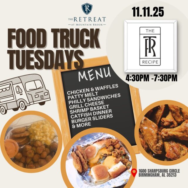 🔥 It’s Food Truck Tuesday and you already know what that means… GOOD EATS are on the way! 🍽️

@therecipebham will be pulling in today from 4:30 PM – 7:30 PM, serving up some seriously delicious dishes you don’t want to miss. 😋

👉 Swipe to see the full menu!
#FoodTruckTuesday #TheRecipe #EatLocal #TheRetreatAtMountainBrook #CommunityEats