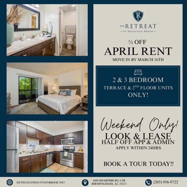 BIG savings just dropped! 🏡✨

💥 ½ OFF April Rent when you move into a 2- or 3-bedroom (2nd or 3rd floor) by March 16!

⚡ This Weekend Only:
Tour & sign within 24 hours and receive ½ OFF Application & Admin Fees!

Your new home (and major savings) are waiting — schedule your tour today!

#LeasingSpecial #ApartmentLiving #TourToday #SaveBig #LiveattheRetreat