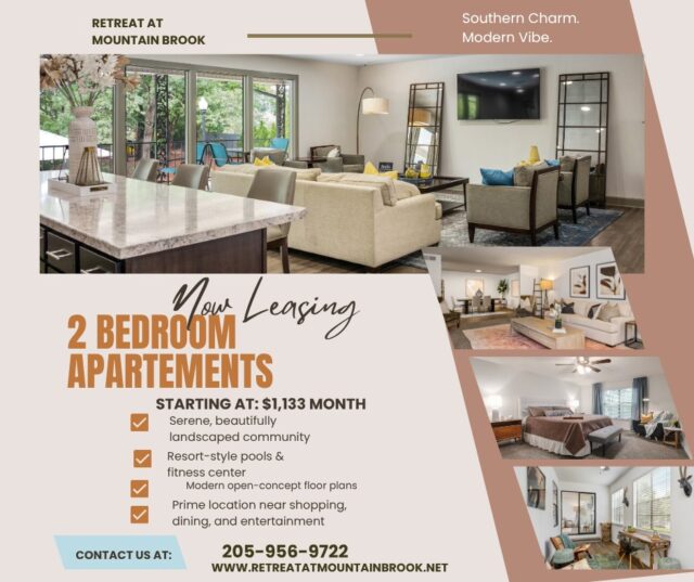 Your dream 2-bedroom apartment is waiting 😍
Starting at only $1,133/month — but not for long!
Tour today, fall in love tomorrow 🏡✨
#NowLeasing #BirminghamApartments #RetreatAtMountainBrook #Multifamily #ApartmentSpecials #LimitedTimeOffer #LeaseToday #TourToday #MoveInSpecial #ApartmentDeals #TwoBedroomSpecial #HomeSweetHome